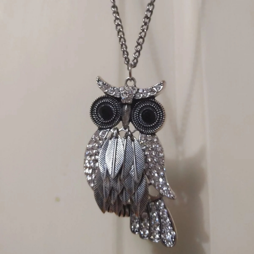 Crystal owl pendant long necklace